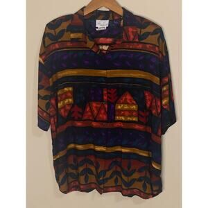 Vintage Gem Tone Print Top Kathie Lee Plus Size 44 24W Button Up USA Made Rayon
